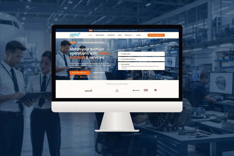 Aviation software marketplace website design mockup