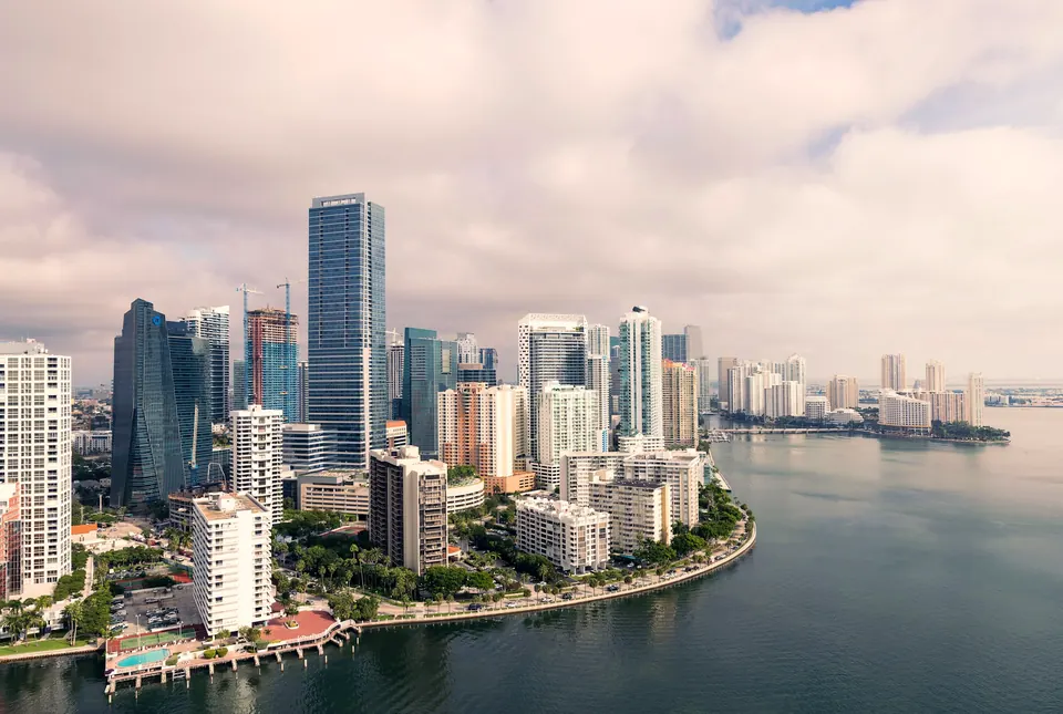 Aerial view of Brickell Key and the Brickell skyline