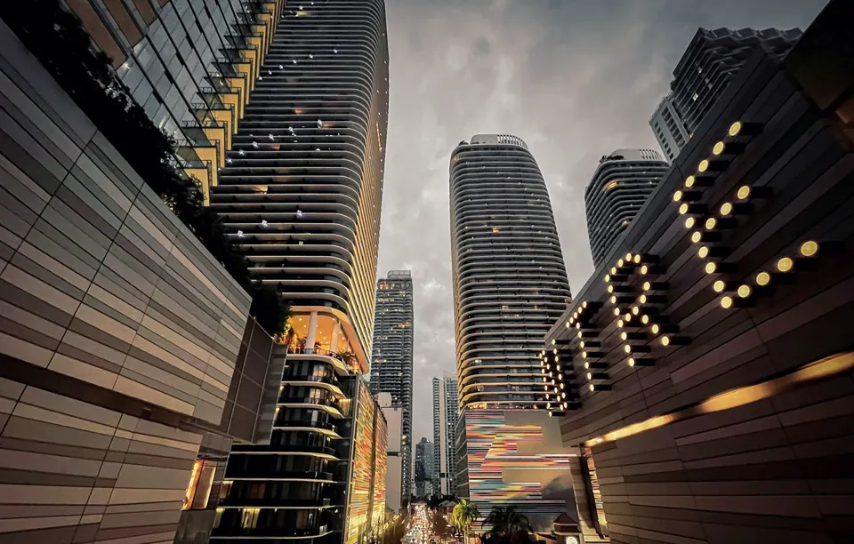 Brickell shopping district towers lit at night