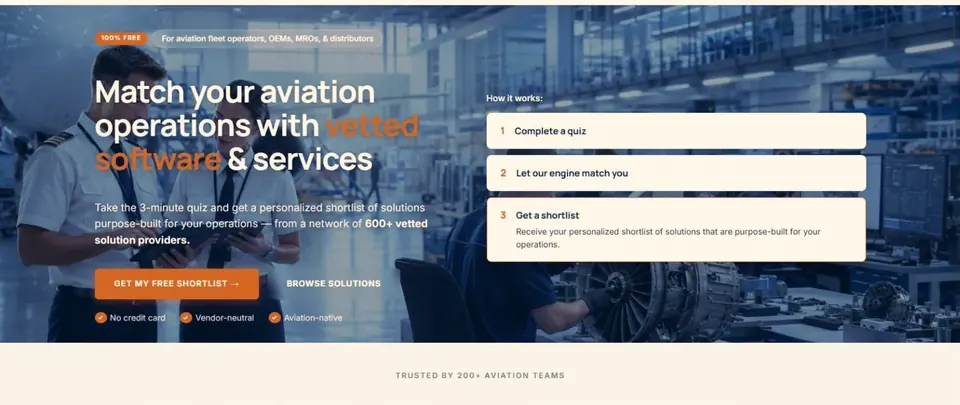Aviation software marketplace website hero with a three step quiz to match operators with vetted vendors