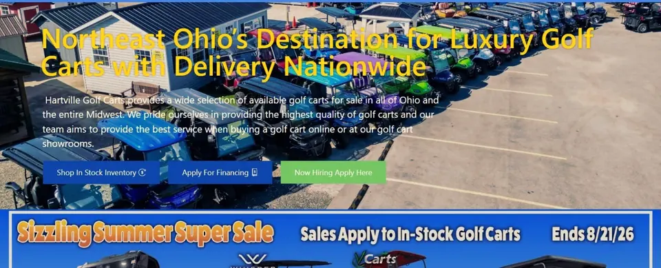 Golf cart dealership website hero over a lot of colorful golf carts, with inventory and financing buttons