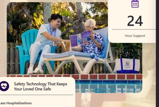 Caregiver sitting with a senior client outdoors, from an in-home senior care agency website