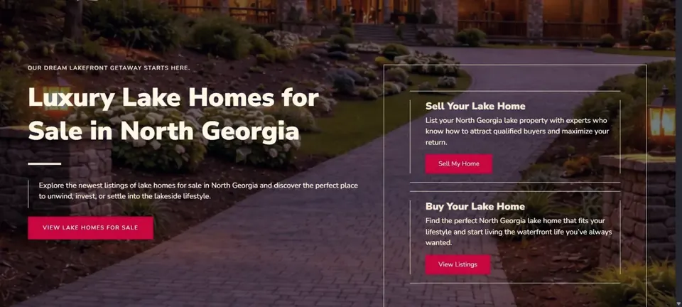 Lakefront real estate website hero reading Luxury Lake Homes for Sale with buyer and seller paths