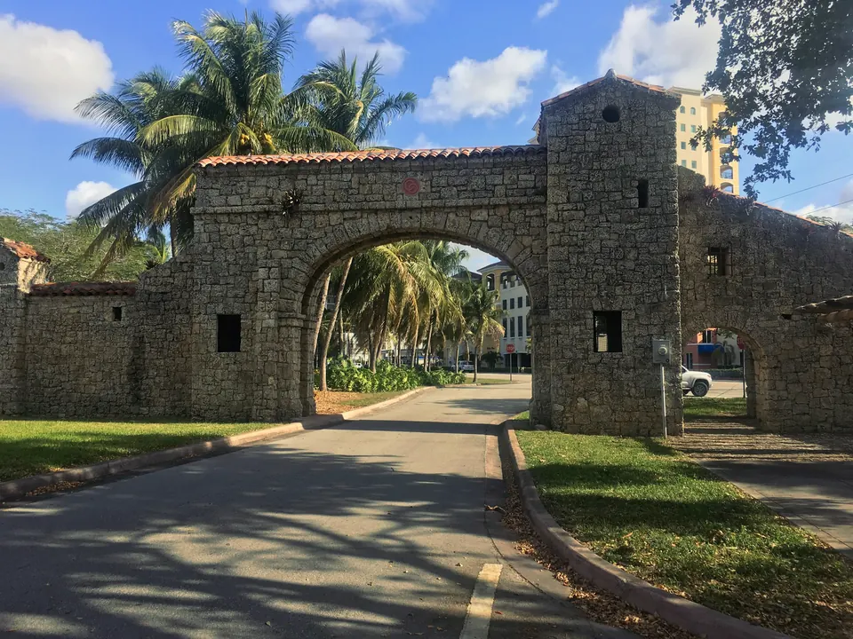 Historic stone entrance arch in Coral Gables