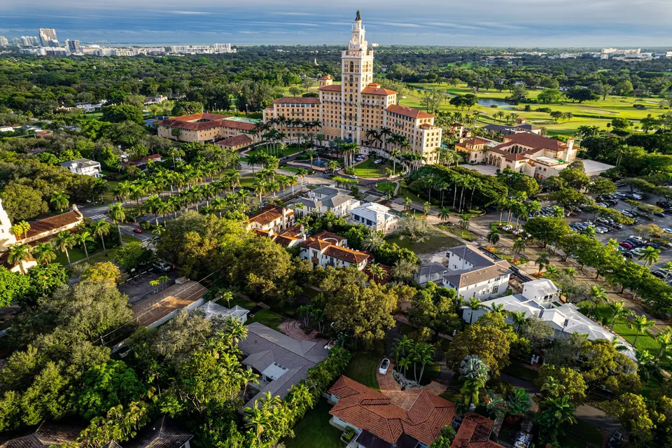 Aerial view of Coral Gables and its historic hotel tower
