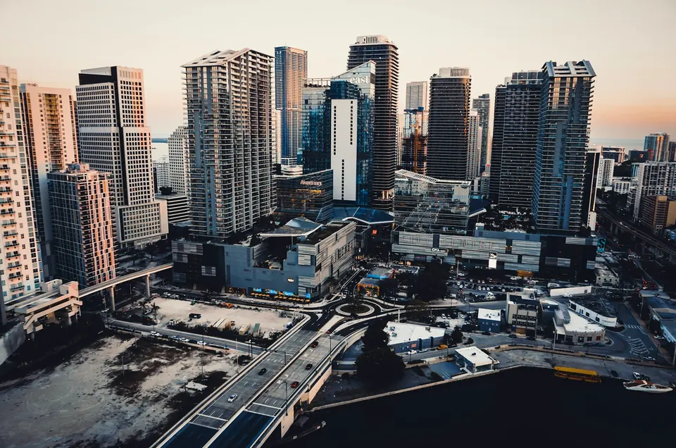 Downtown Miami towers from above at sunset