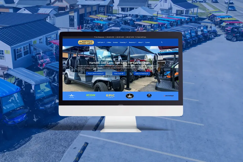 Golf cart dealership website on a desktop, with inventory and financing up front