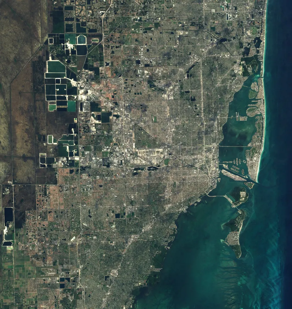 Satellite view of Miami-Dade County from Aventura to Kendall, with Biscayne Bay and Miami Beach