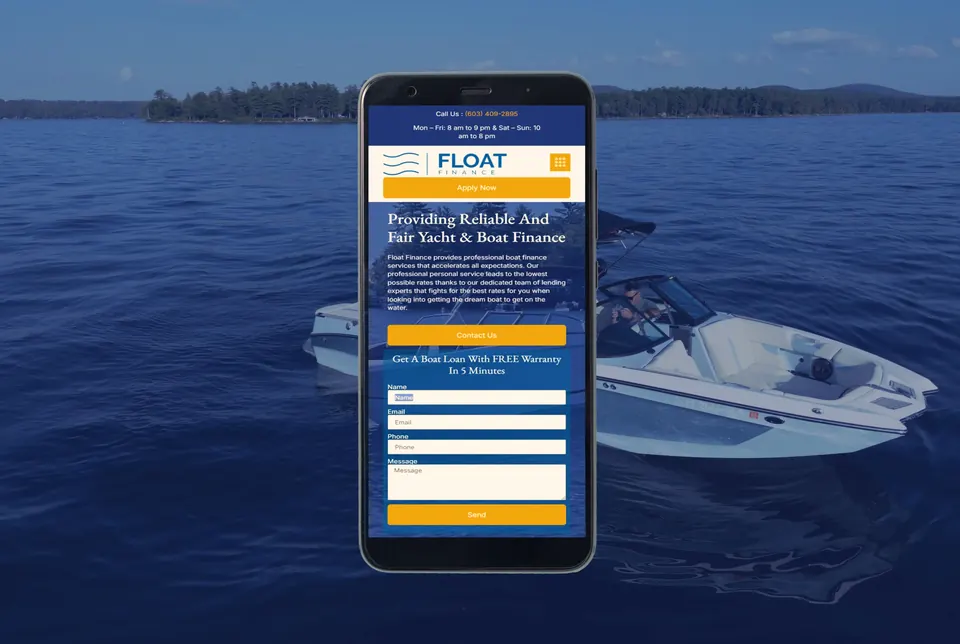 Boat financing website shown on a phone, held over open water with a speedboat behind it