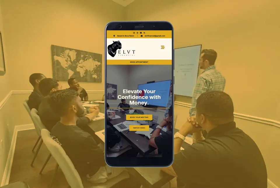 Financial consultant website on a phone over a workshop room full of attendees
