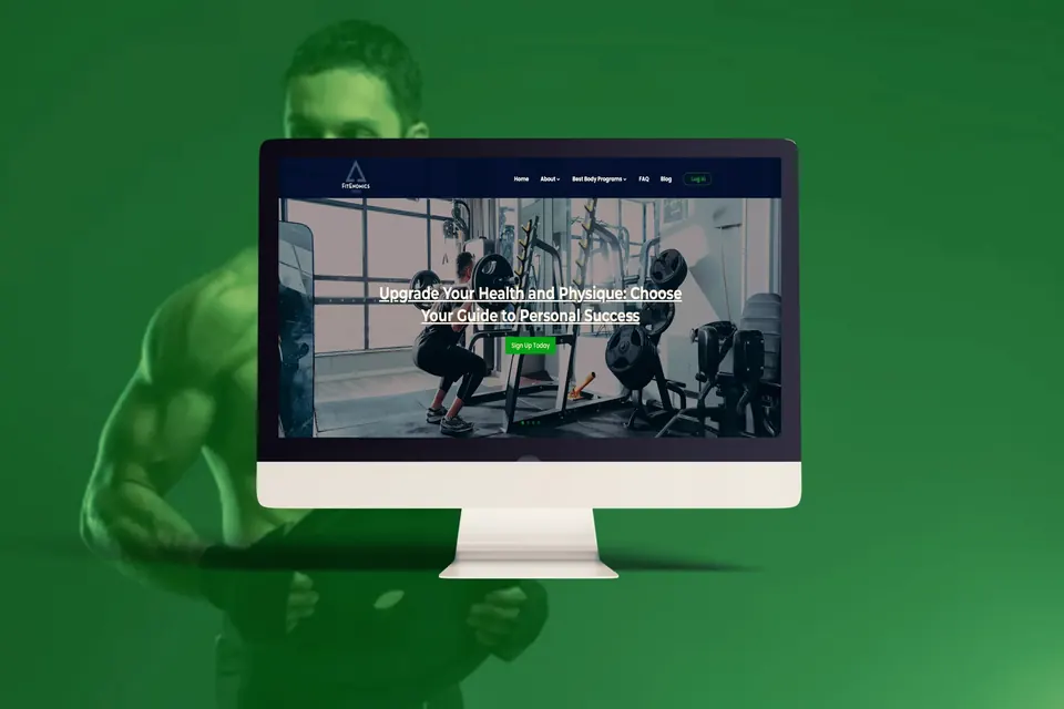 Fitness membership website on a desktop monitor showing a gym floor and a sign up button