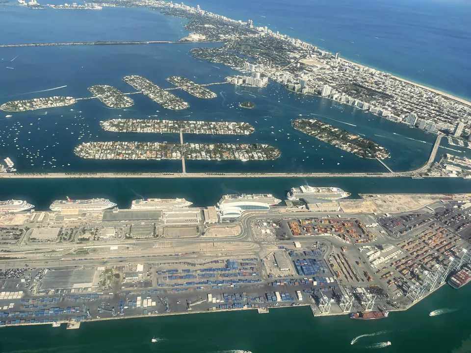 Aerial view of PortMiami with cargo cranes and shipping containers on the docks